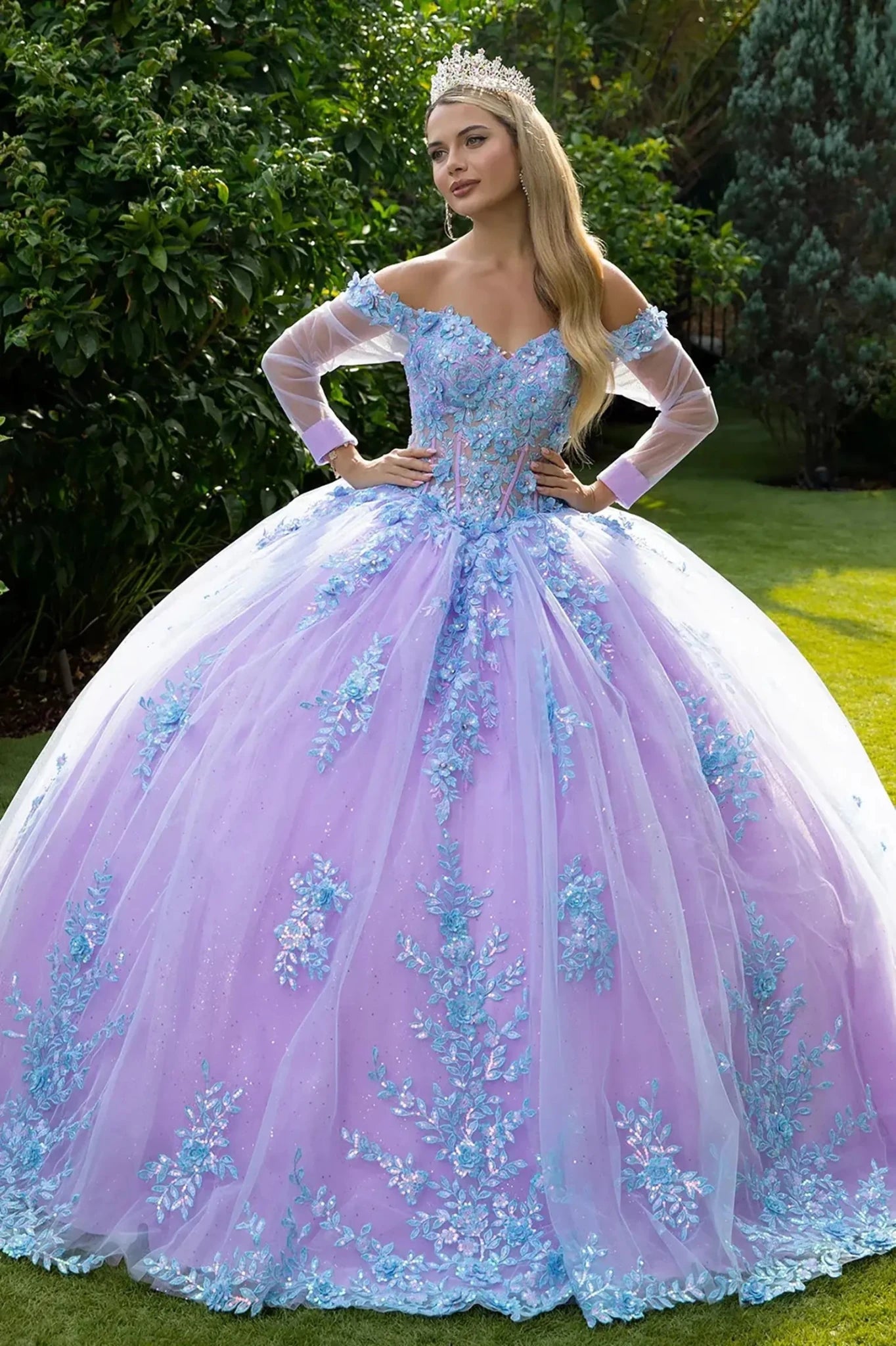 Lilac Two-Tone Quinceañera Dress with Blue Floral Appliques and Long Mesh Sleeves