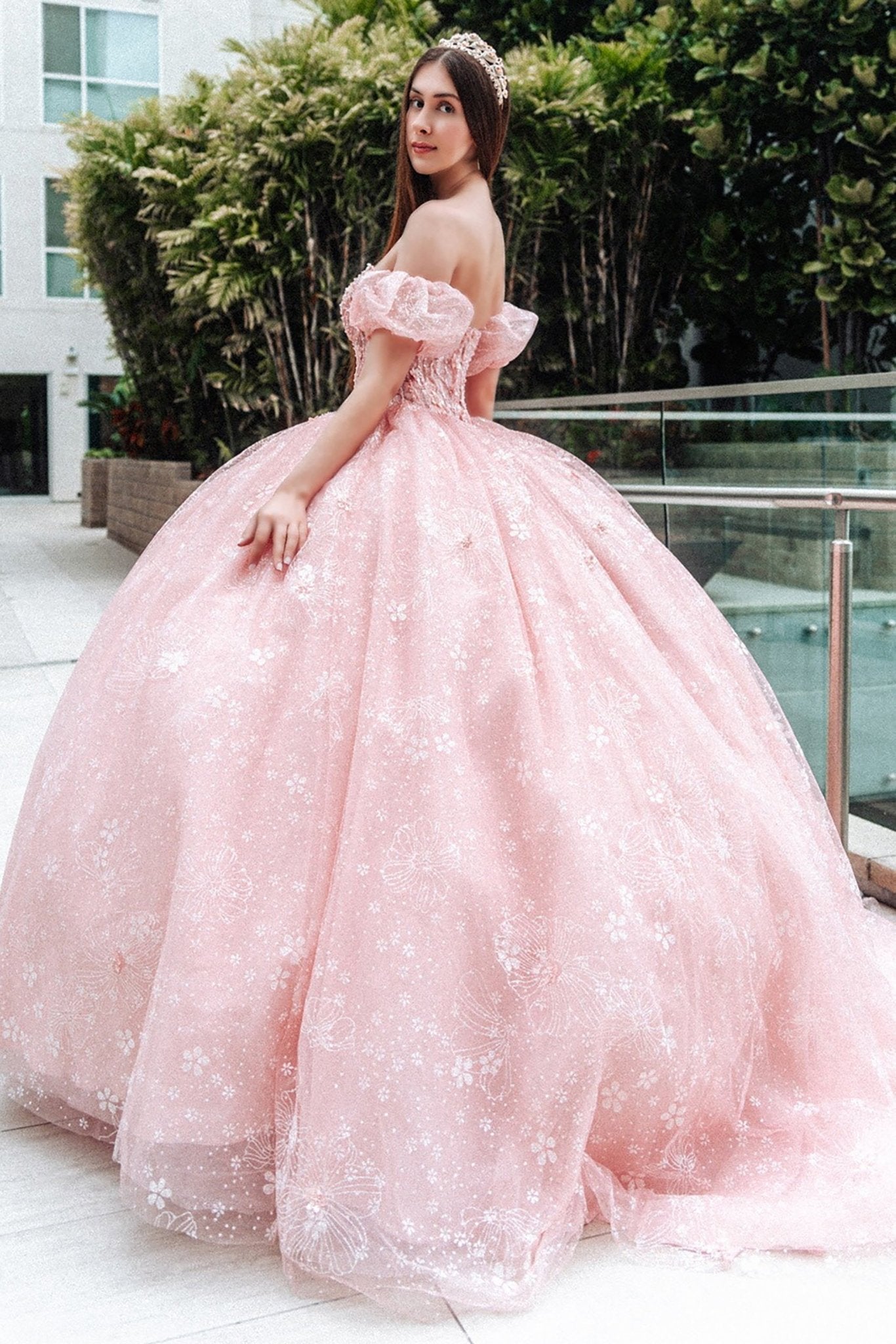 Blush Beads Embellished Glitter Print Sweet 15 Ball Gown with Detachable Puff Sleeve back