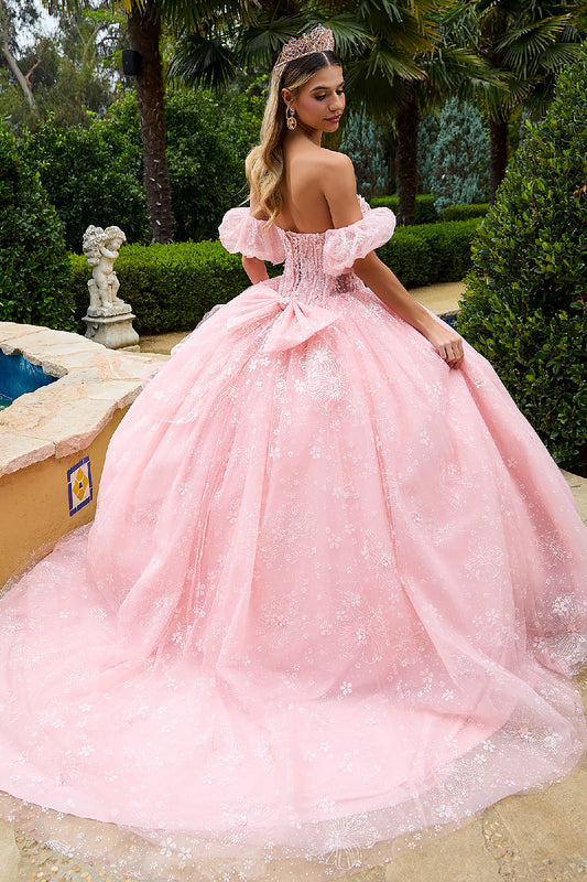Quinceañera | Blush Beads Embellished Glitter Print Sweet 15 Ball Gown with Detachable Puff Sleeve | Plus Size Available | Mireya dress back side view