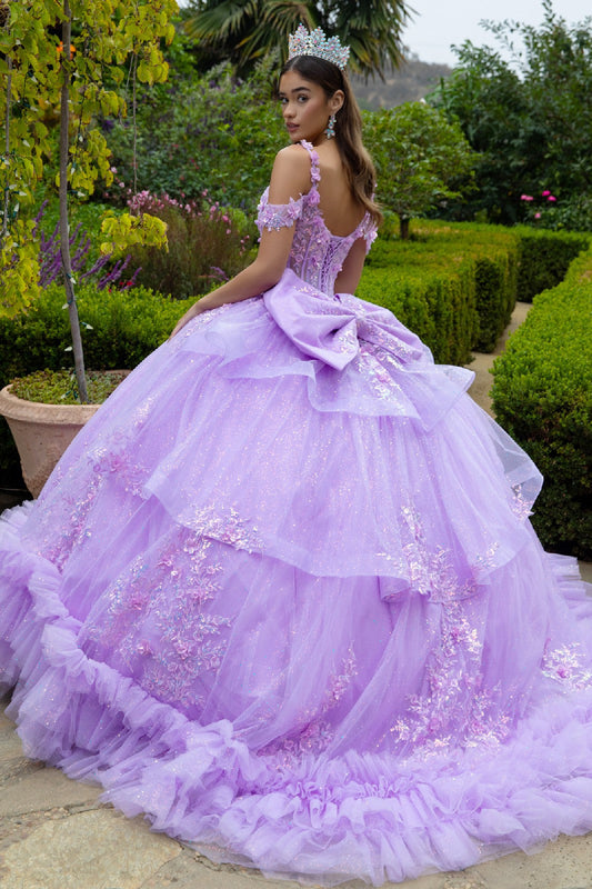 Quinceañera | Lilac Ball Gown with Ruffles, 3D Floral Appliques, and Detachable Bow | Celestina dress back