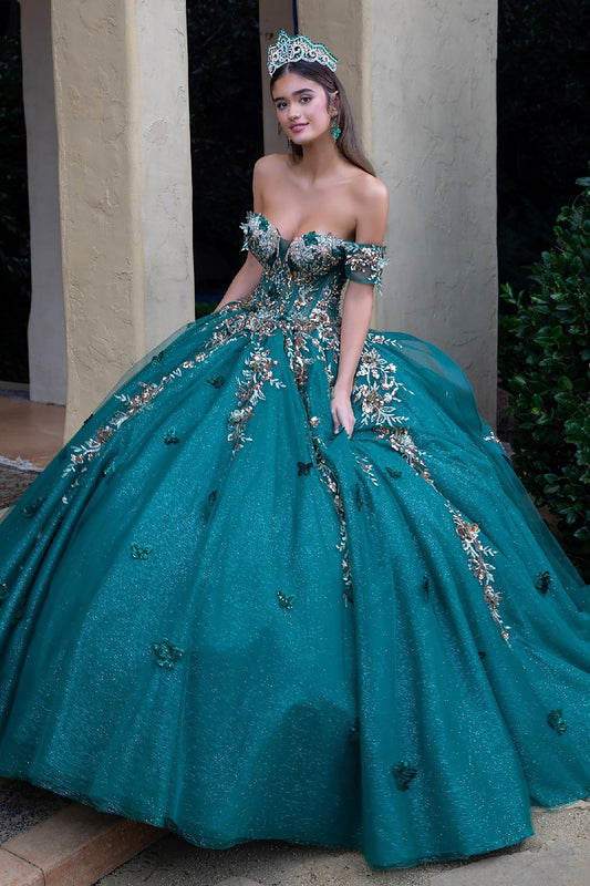 Quinceañera | Hunter Green 3D Butterfly Appliques, Embellished Corset Long Train Ball Gown | Danae dress | 2 Colors Available