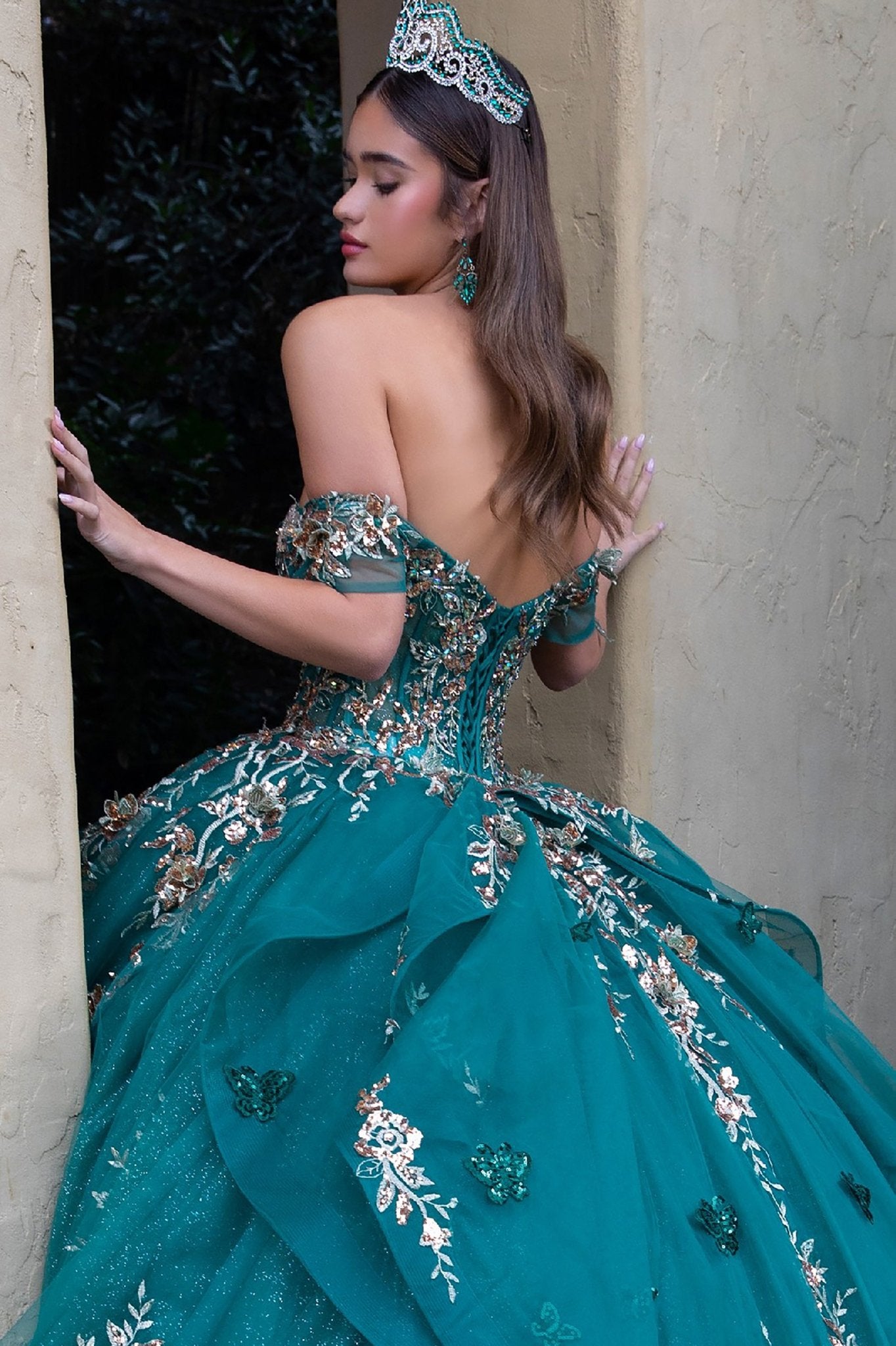 Quinceañera | Hunter Green 3D Butterfly Appliques, Embellished Corset Long Train Ball Gown | Danae dress | 2 Colors Available back zoom