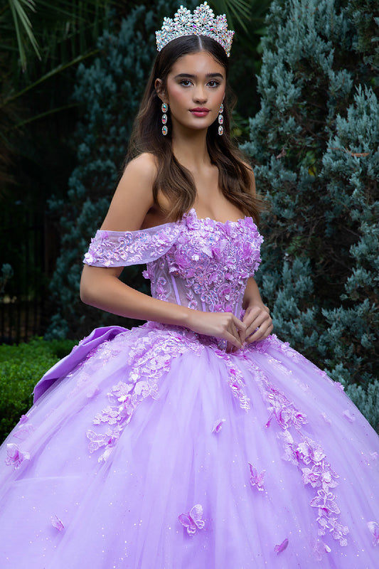 Quinceañera | Lilac Rose Ball Gown with 3D Flower Appliques, Detachable Straps, and Back Bow with Train | Briana dress front zoom