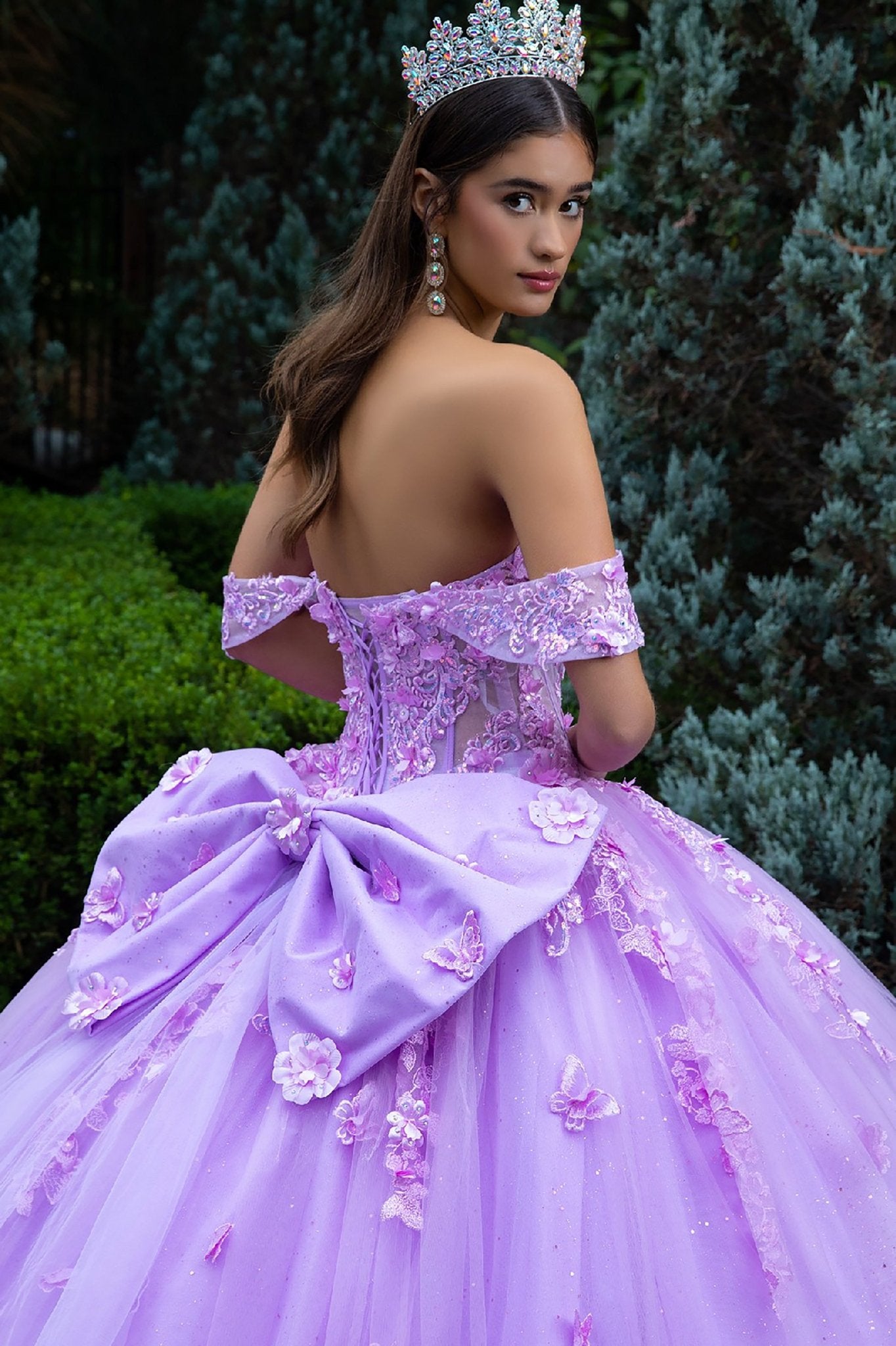 Quinceañera | Lilac Rose Ball Gown with 3D Flower Appliques, Detachable Straps, and Back Bow with Train | Briana dress back zoom