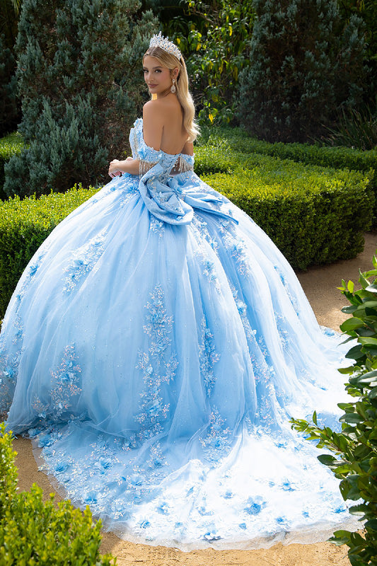 Quinceañera | Blue Ball Gown with Chandelier Jewels, 3D Flowers, and Detachable Bow | Cala dress back view