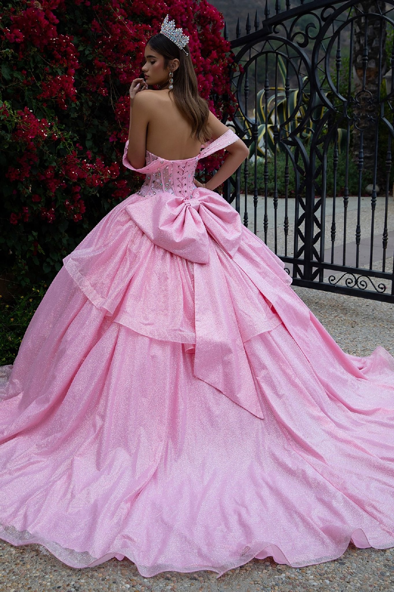 pink bow quince dress pink quince dress with bow in the back Pearl and Crystal Beaded Sparkle  Tulle Quinceaera Dress with Back Bow  Jaxa event designer
