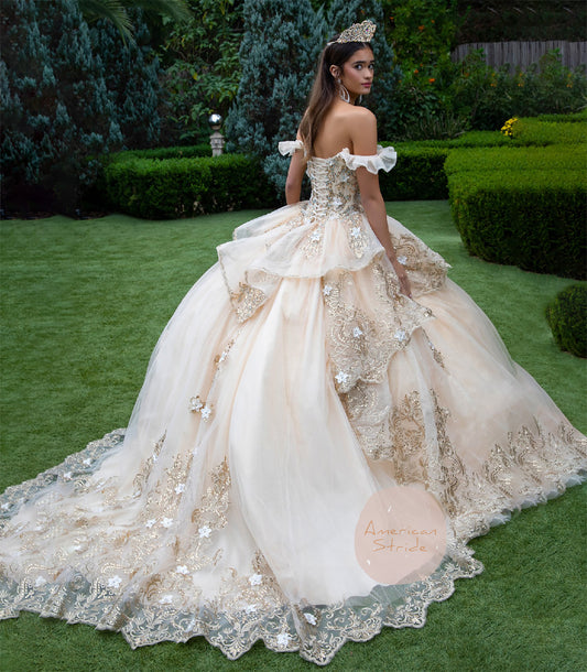 Quinceañera | Champagne Metallic Embroidery, 3D Flower Appliques Ball Gown with Ruffled Train | Dalary dress back view