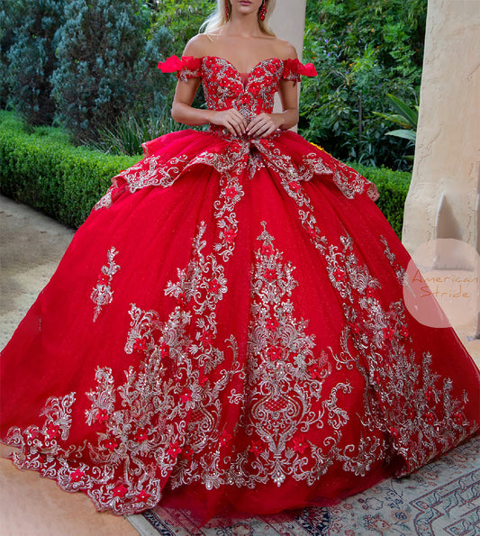 Quinceañera | Red Metallic Embroidery, 3D Flower Appliques Ball Gown with Ruffled Train | Dalary dress front view