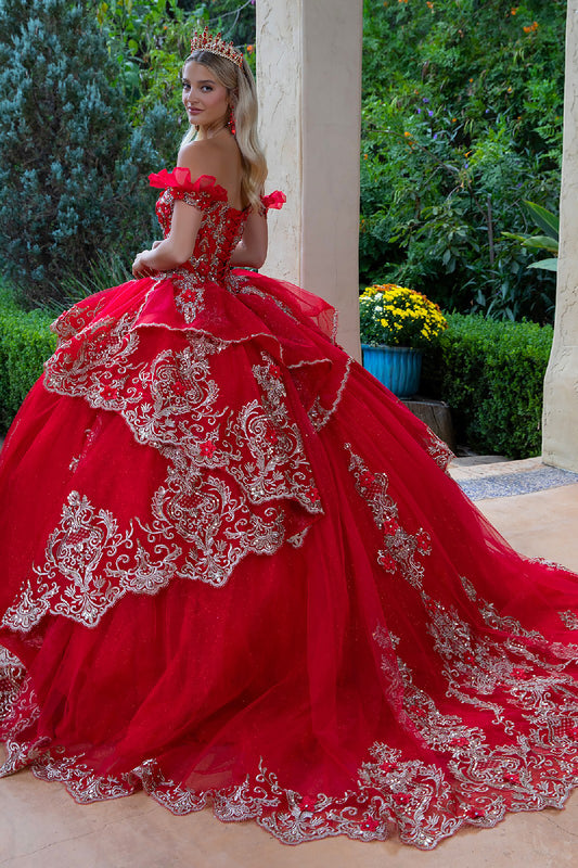 Quinceañera | Red Metallic Embroidery, 3D Flower Appliques Ball Gown with Ruffled Train | Dalary dress back view