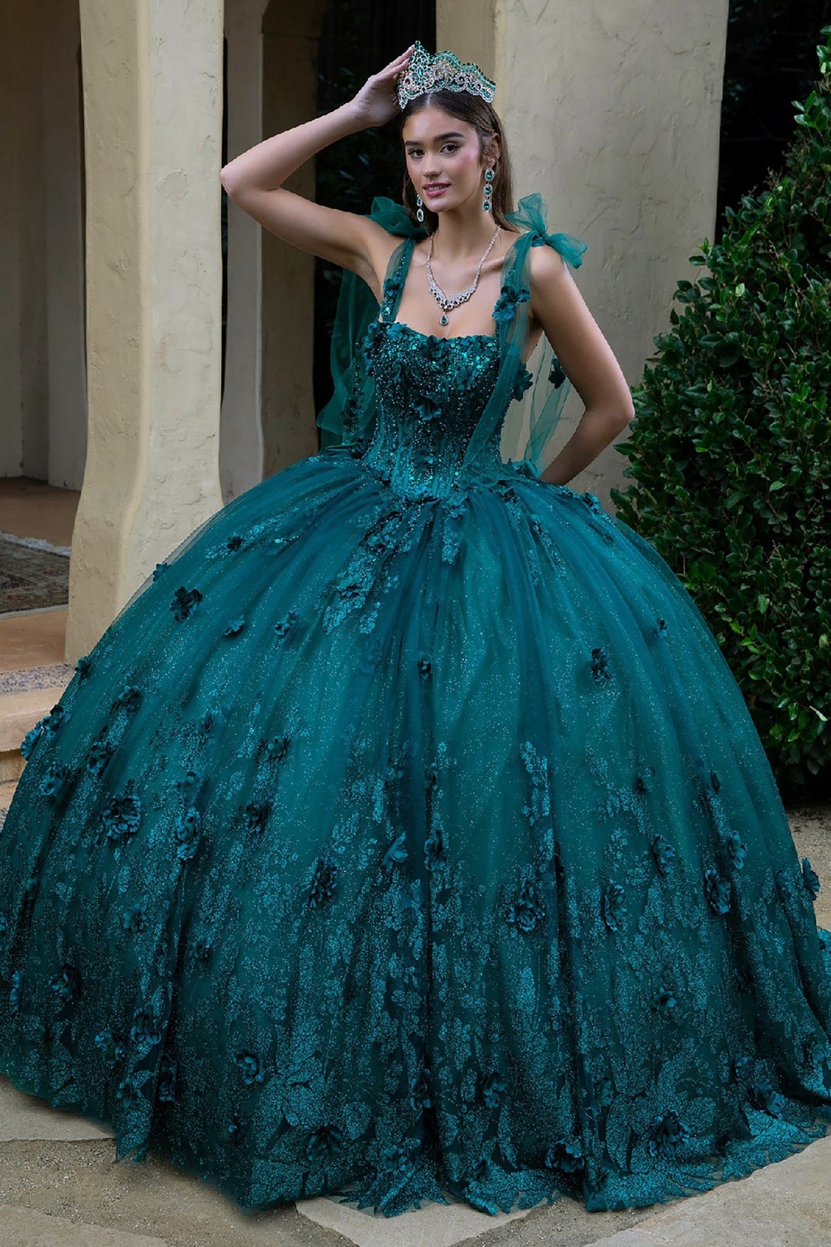 Full-length view highlights green quinceañera dress with 3D flowers glitter underlayer tie straps tulle gown detachable bow.