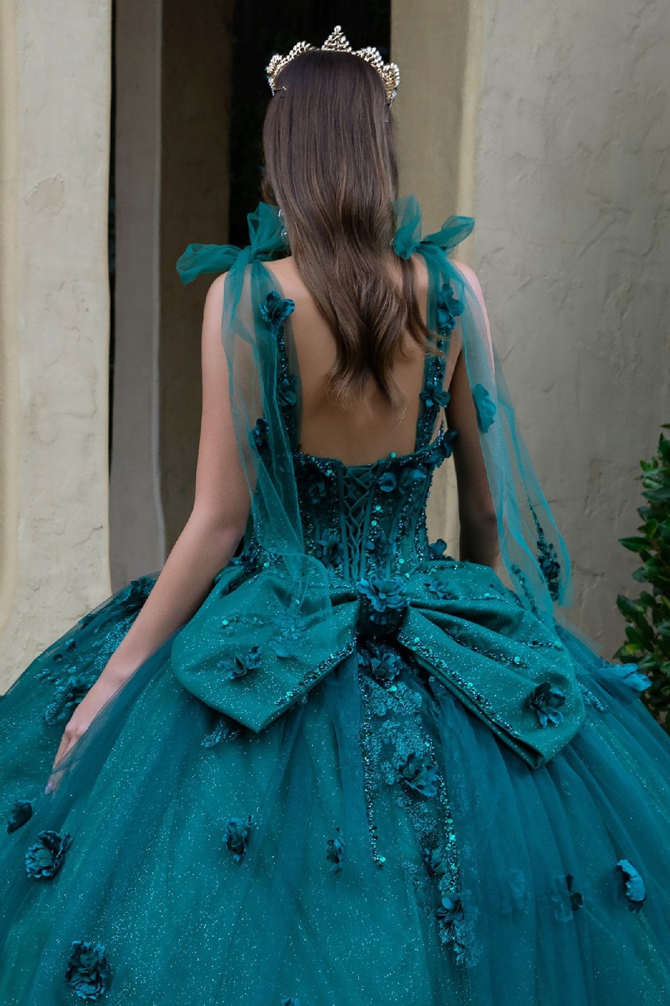 Quinceañera | Green 3D Flowers Glitter Underlayer Tie Straps Ball Gown with Detachable Bow | Estrella dress front back