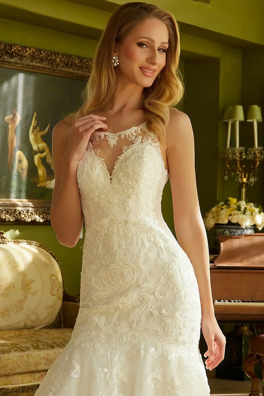 Front close-up upper view highlighting the intricate floral embroidery on the bodice and the delicate transparency of the illusion V-neckline.