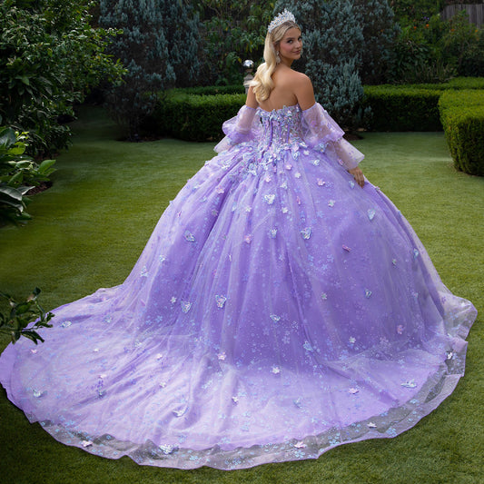 Quinceañera | Lilac Ball Gown with Detachable Puff Sleeves and 3D Floral Details | Esme dress back