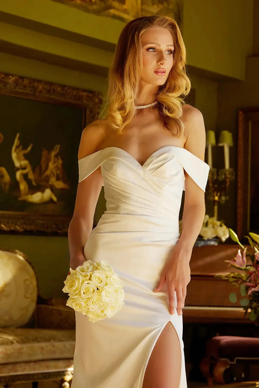 Front close-up upper view highlighting the horizontal pleating across the bodice and the smooth, architectural lines of the boat neck and draped waistline.