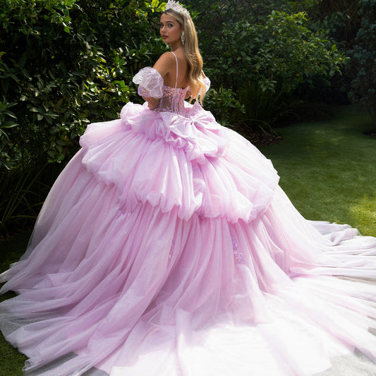 Quinceañera | Lilac-Blush Layered bubble hem train Ball Gown with Detachable Bow and Puff Sleeves | Emelina dress back view