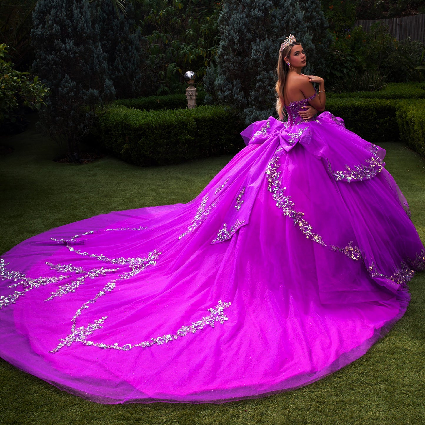 Quinceañera | Layered Ruffle Purple Ball Gown with Detachable Back Bow and Train | Gisselle dress back whole