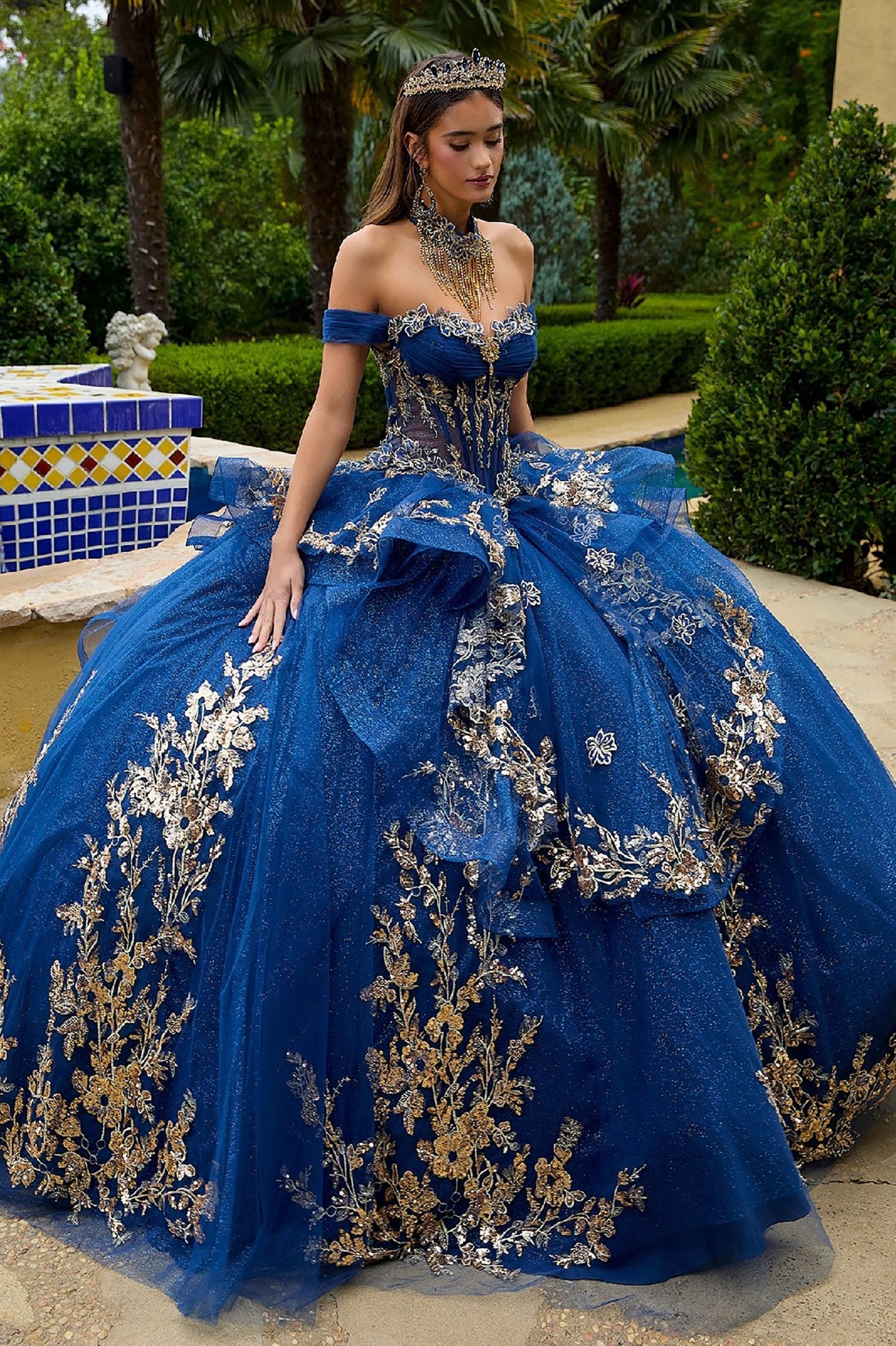 glitter navy dress Long Quinceanera Dress Floral Applique Ball Gown