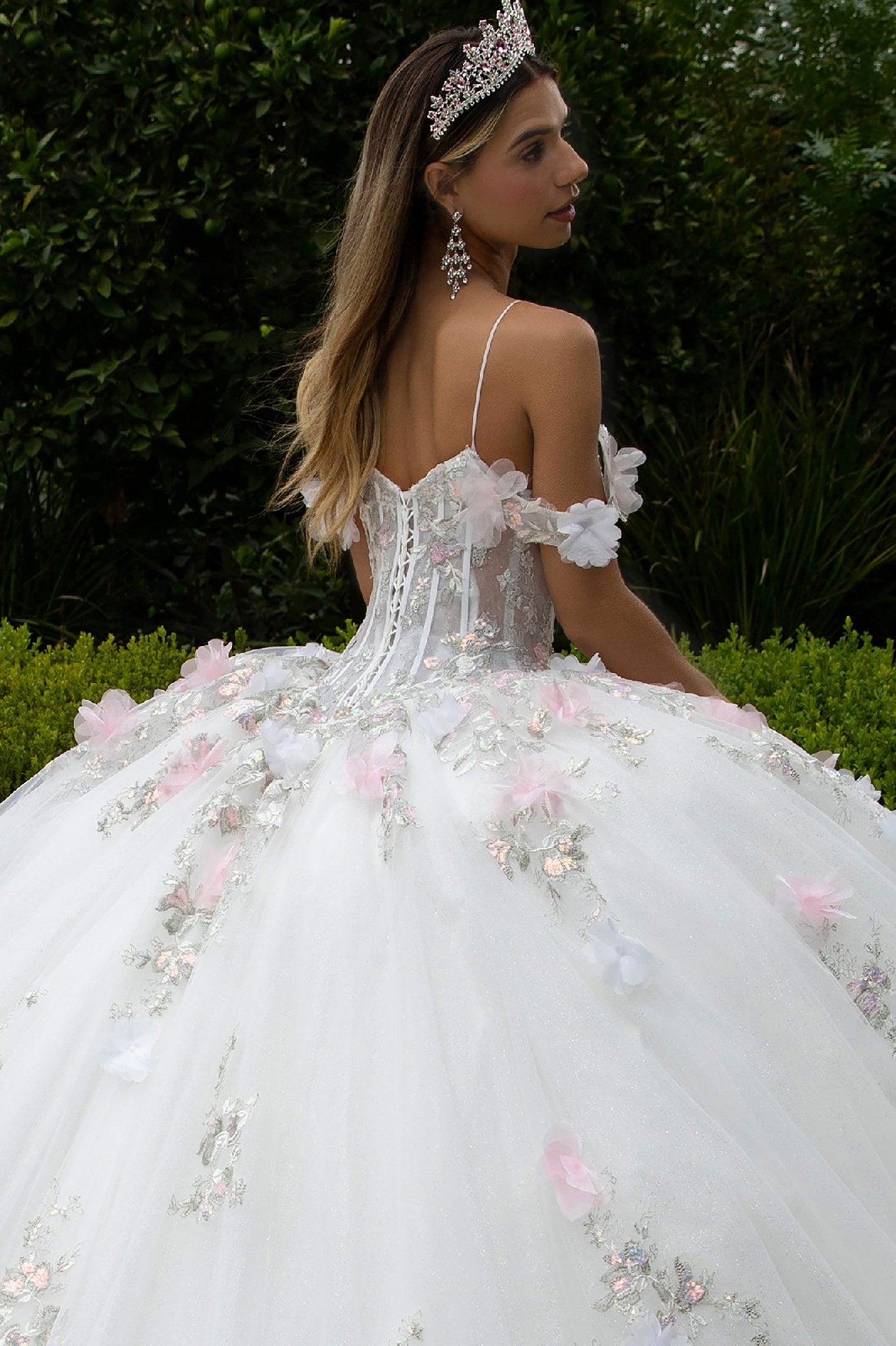 Quinceañera | Off-White/Pink Ball Gown with 3D Flower Appliques and Cold-Shoulder Sleeves | Eulalia dress back zoom