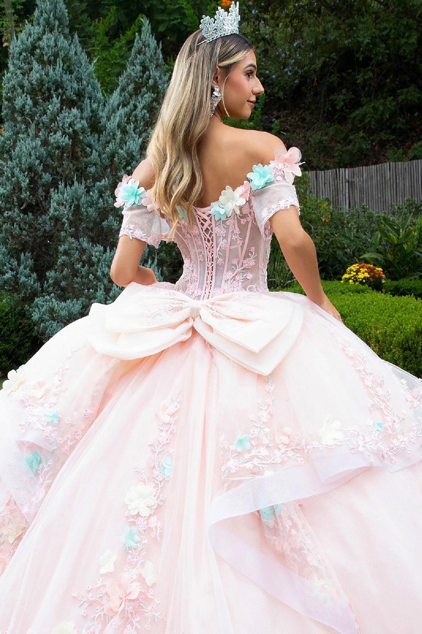 Quinceañera | Blush Ball Gown with 3D Flower Appliques and Detachable Bow | Faustina dress BACK ZOOM