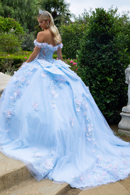 Quinceañera | Light Blue Ball Gown with 3D Flowers, Sheer Corset, Ruffles, and Detachable Bow | Ilsa dress back view