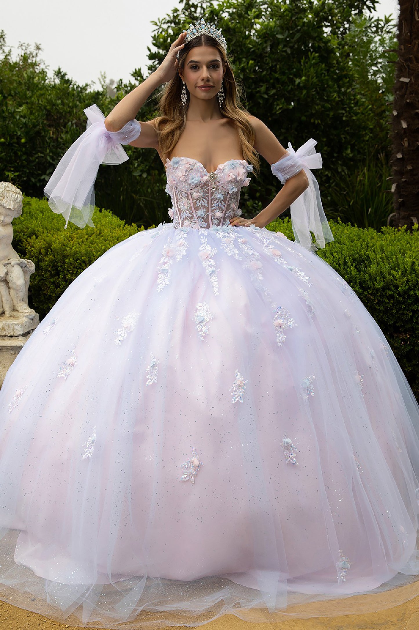 Quinceañera | Blush-White Multicolor Ball Gown with 3D Flowers, Sheer Corset, Detachable Bow Straps and Train | Genesis dress