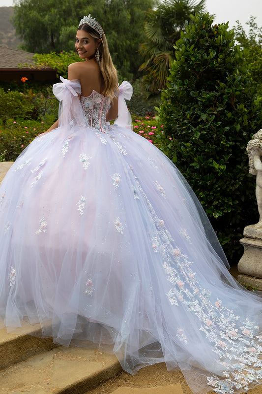 Quinceañera | Blush-White Multicolor Ball Gown with 3D Flowers, Sheer Corset, Detachable Bow Straps and Train | Genesis dress back view