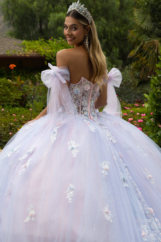 Quinceañera | Blush-White Multicolor Ball Gown with 3D Flowers, Sheer Corset, Detachable Bow Straps and Train | Genesis dress back zoom