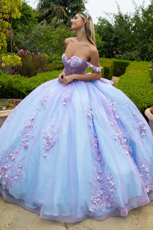 Quinceañera | Lilac-Blue Ball Gown with 3D Appliques, Corset Bodice, and Detachable Bow | Abril dress front