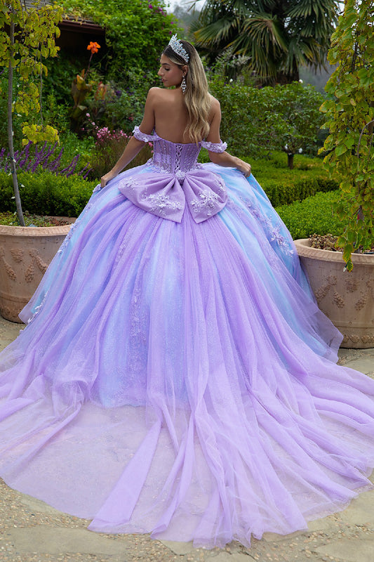Quinceañera | Lilac-Blue Ball Gown with 3D Appliques, Corset Bodice, and Detachable Bow | Abril dress back
