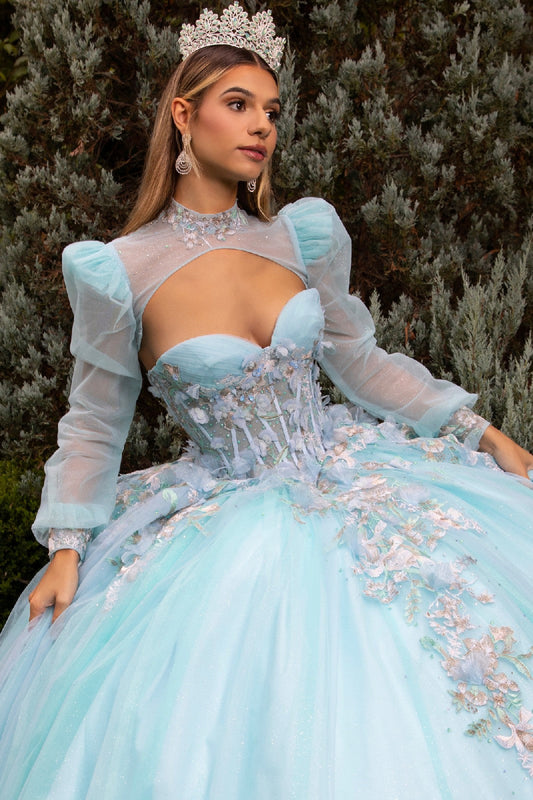 Quinceañera | Ice Blue Ball Gown with Glitter Mesh and 3D Floral Appliques | Crescencia dress