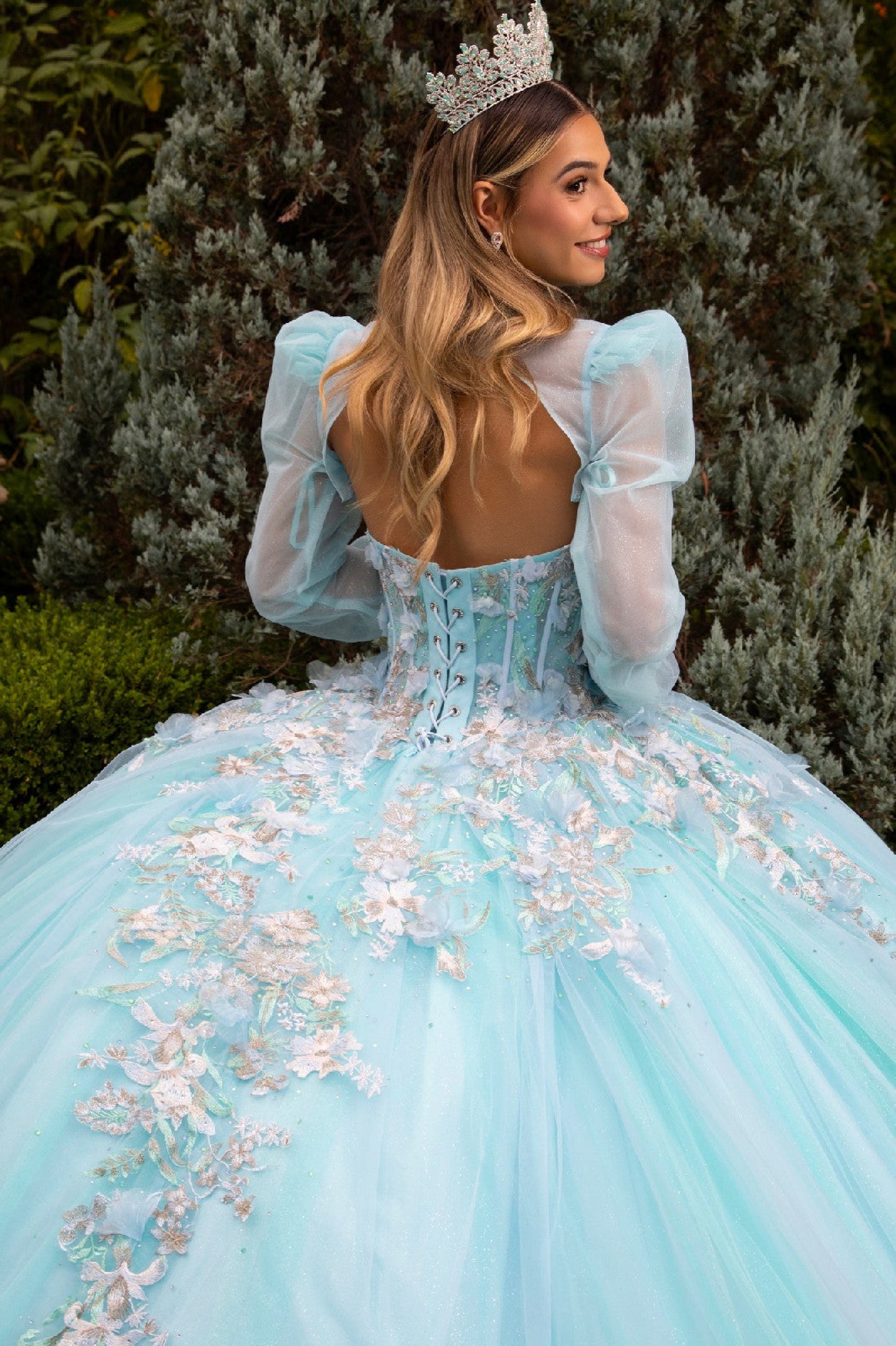 Quinceañera | Ice Blue Ball Gown with Glitter Mesh and 3D Floral Appliques | Crescencia dress back zoom