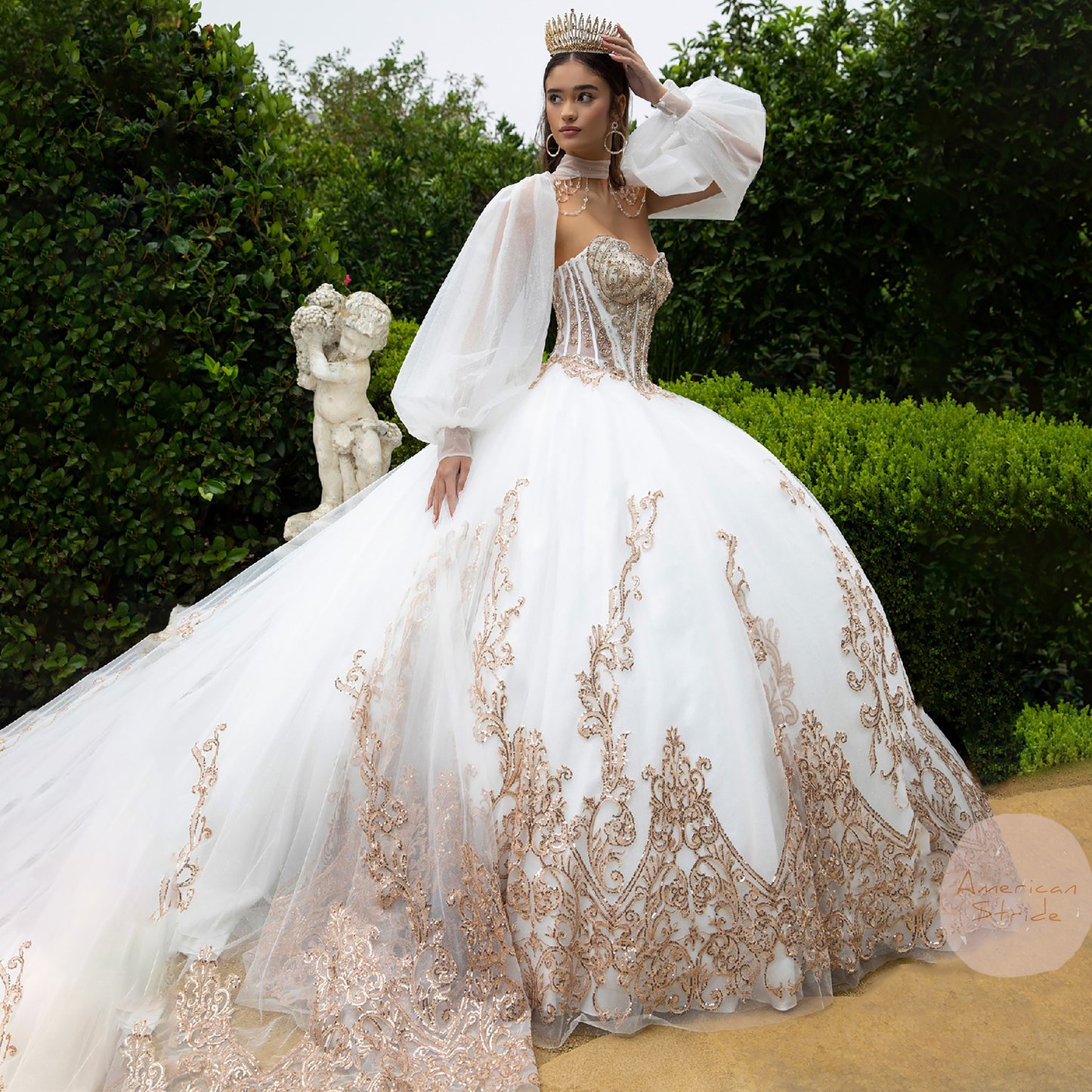 Quinceañera | White Long Train Ball Gown with Matching Embellished Bolero and Slit Bishop Sleeves | Celina dress side view