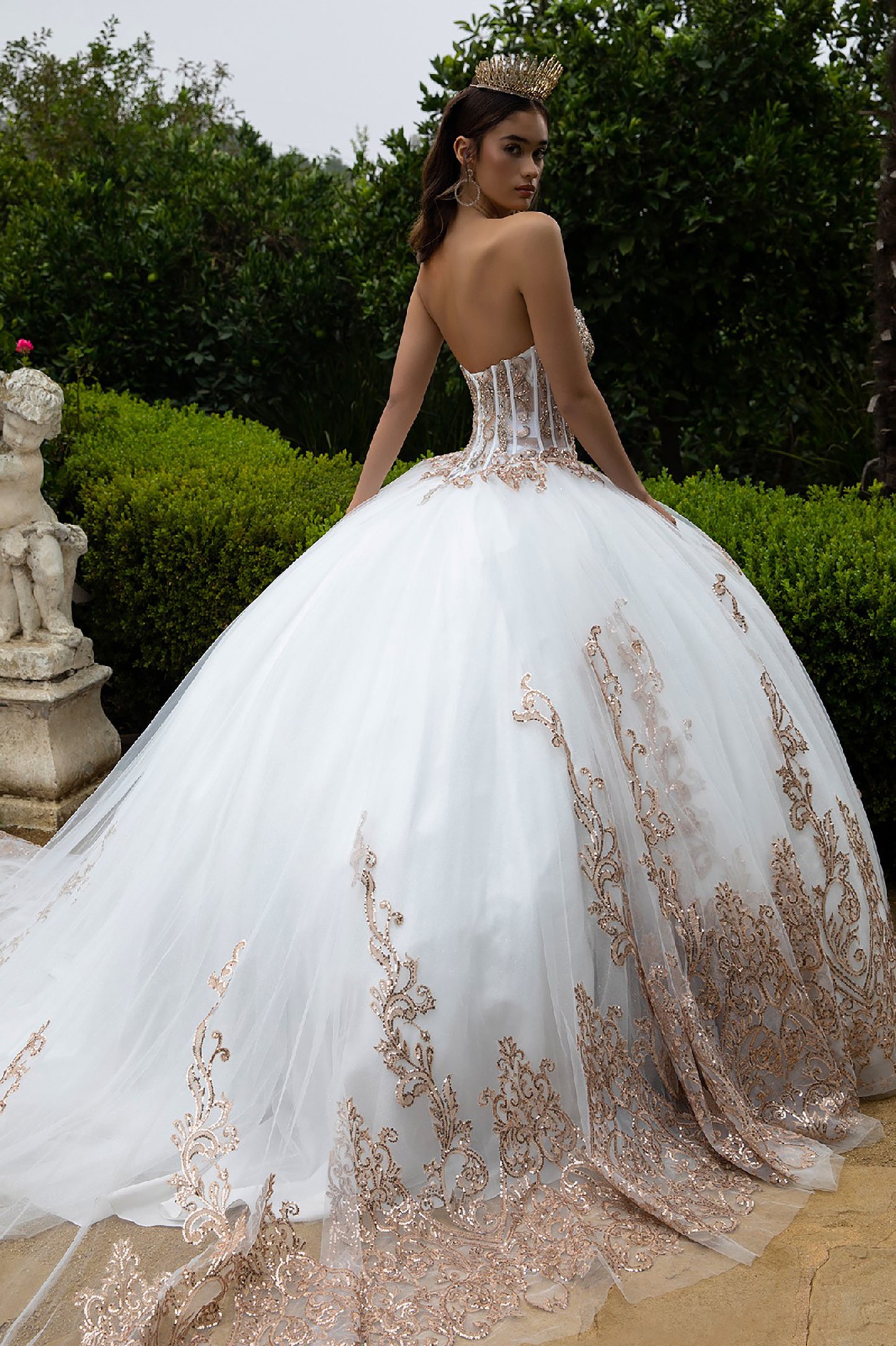 Quinceañera | White Long Train Ball Gown with Matching Embellished Bolero and Slit Bishop Sleeves | Celina dress without bolero