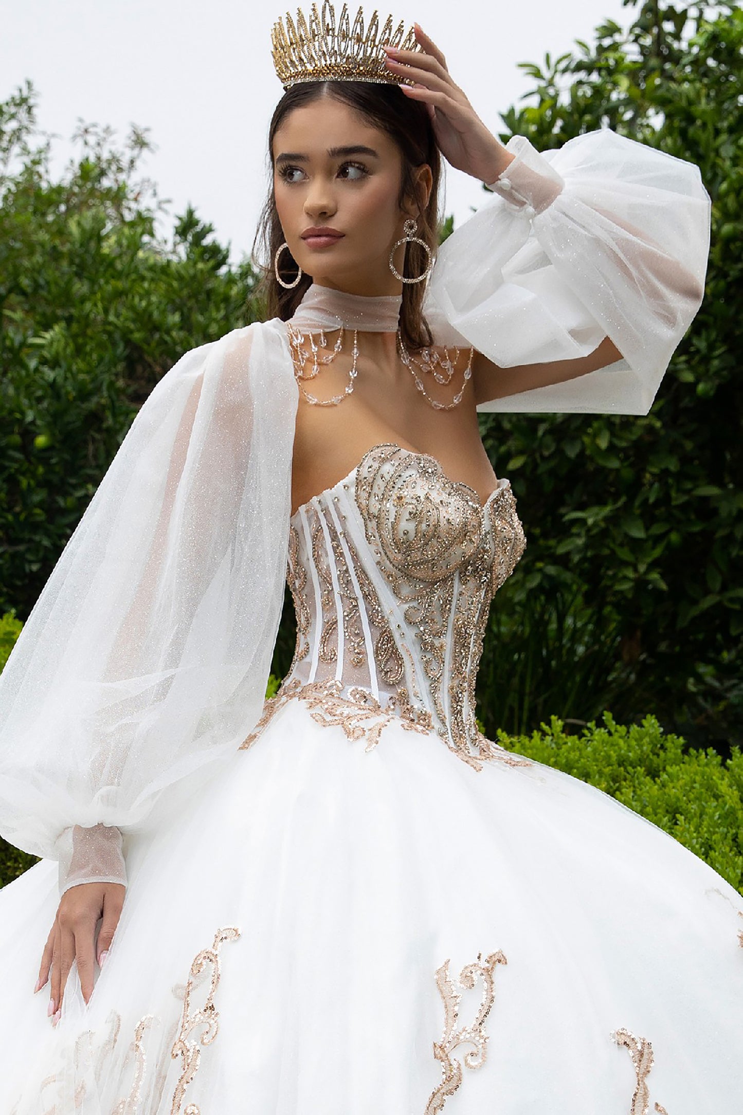 Quinceañera | White Long Train Ball Gown with Matching Embellished Bolero and Slit Bishop Sleeves | Celina dress front zoom