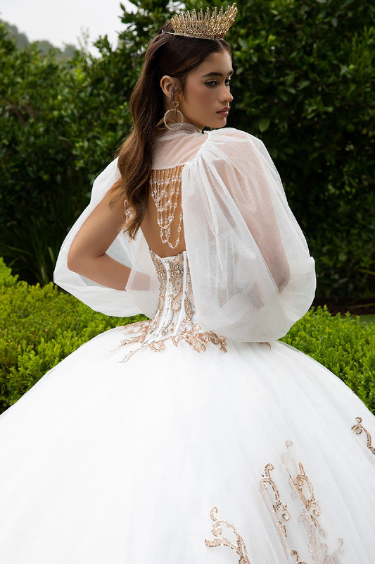 Quinceañera | White Long Train Ball Gown with Matching Embellished Bolero and Slit Bishop Sleeves | Celina dress back zoom