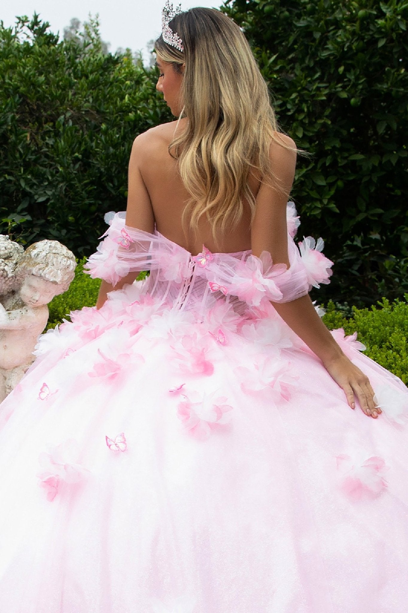 Quinceañera | Blush 3D Flower, Butterfly Appliques and Glitter Long Train Ball Gown | Adamaris dress back zoom
