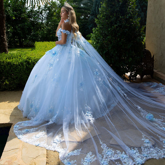 Quinceañera | Light Blue Ball Gown with 3D Flower Appliques and Choker Cape Train | Florencia dress