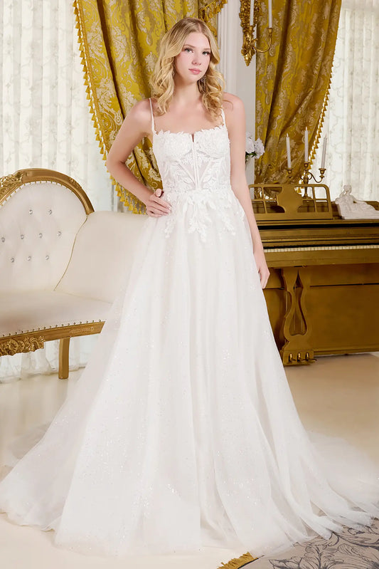 Radiant A-Line Wedding Dress with Boat Neckline, Beaded Spaghetti Straps & Glitter Underlayer