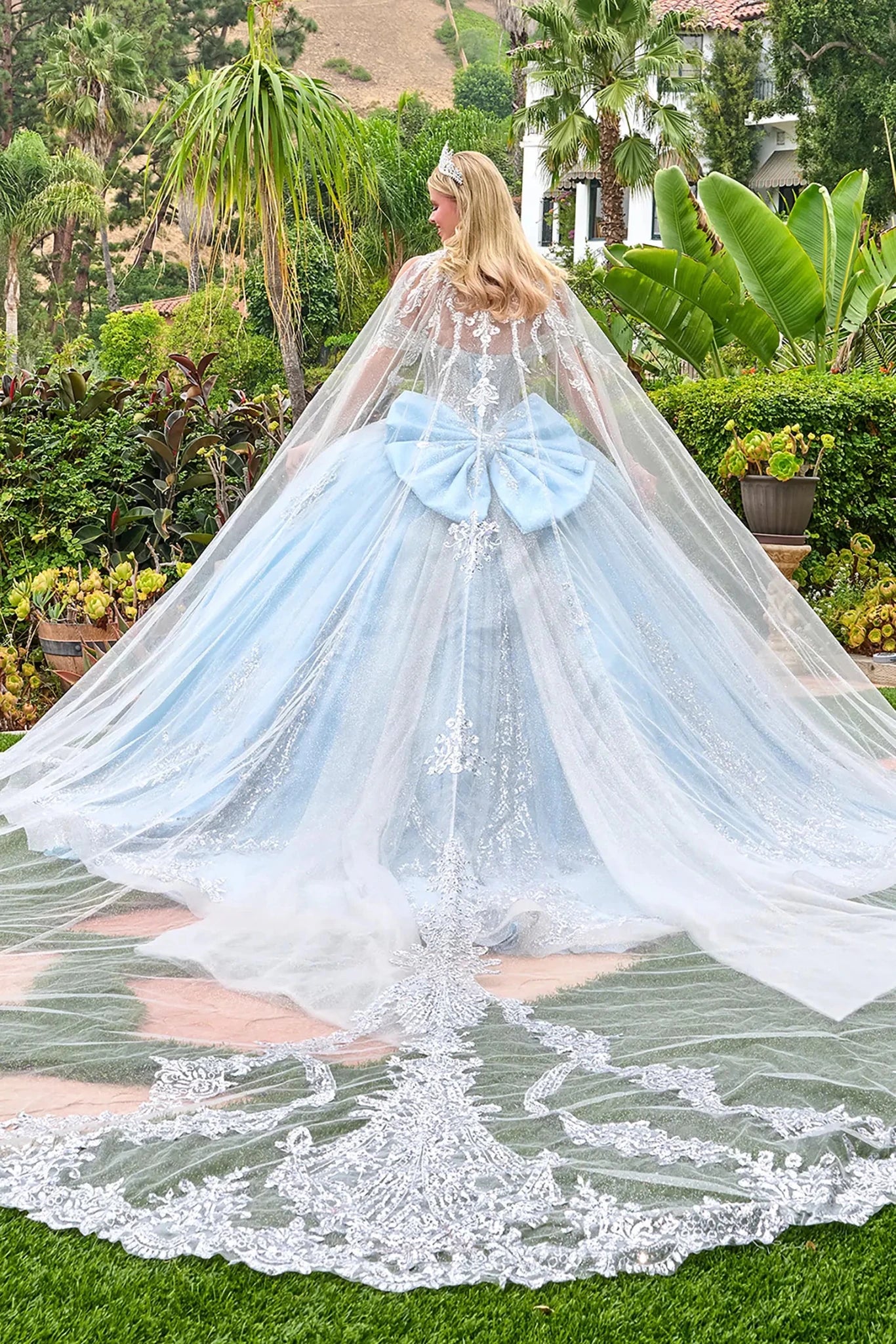 Light Quinceañera Dress with Elegant Cape Train S / Light Blue