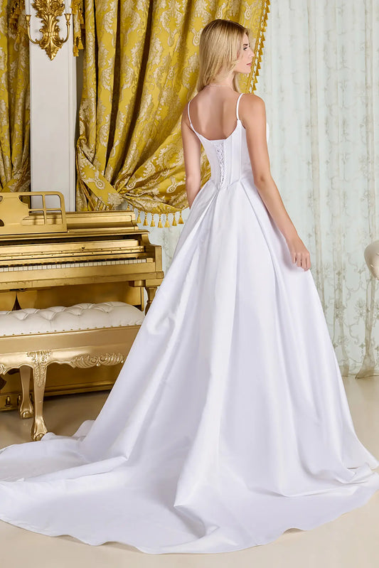 Elegant wedding gown in an opulent room