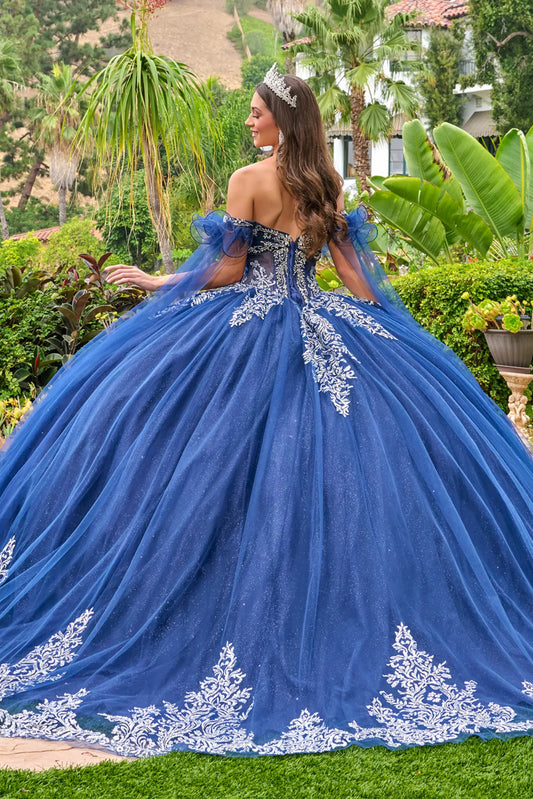 Navy quinceañera ball gown with lace-up back, off-the-shoulder sleeves, and embroidered tulle skirt, back view outdoors