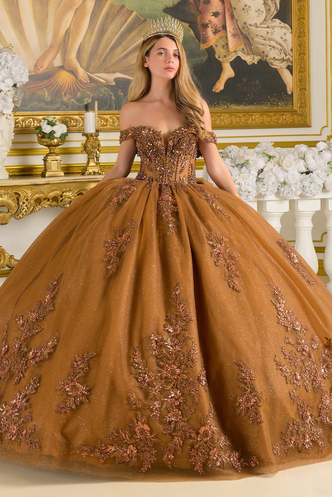 Brown Quinceañera Dress with Embroidered Sequin, Glitter Mesh Tulle Skirt and Detachable Bow