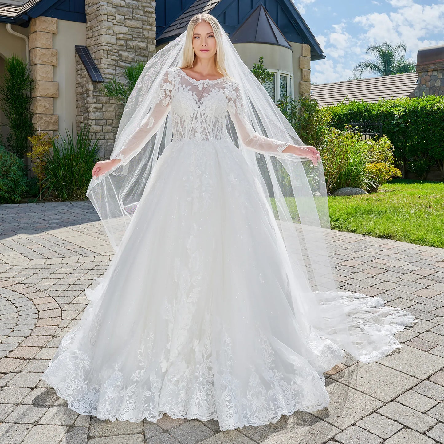 Radiant Wedding Dress with Sheer Long Sleeves & Matching Long Veil
