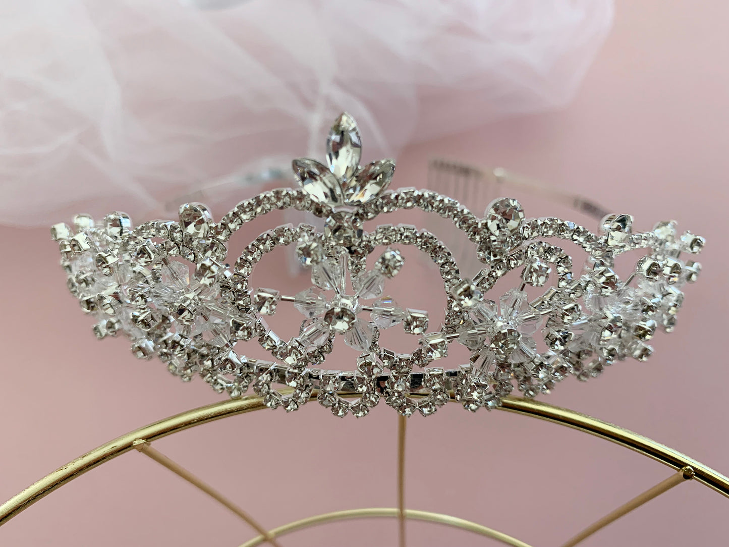 USA Made | Handmade First Communion & Flower Girl Rhinestone Tiara with 2-Tiered Veil front zoom