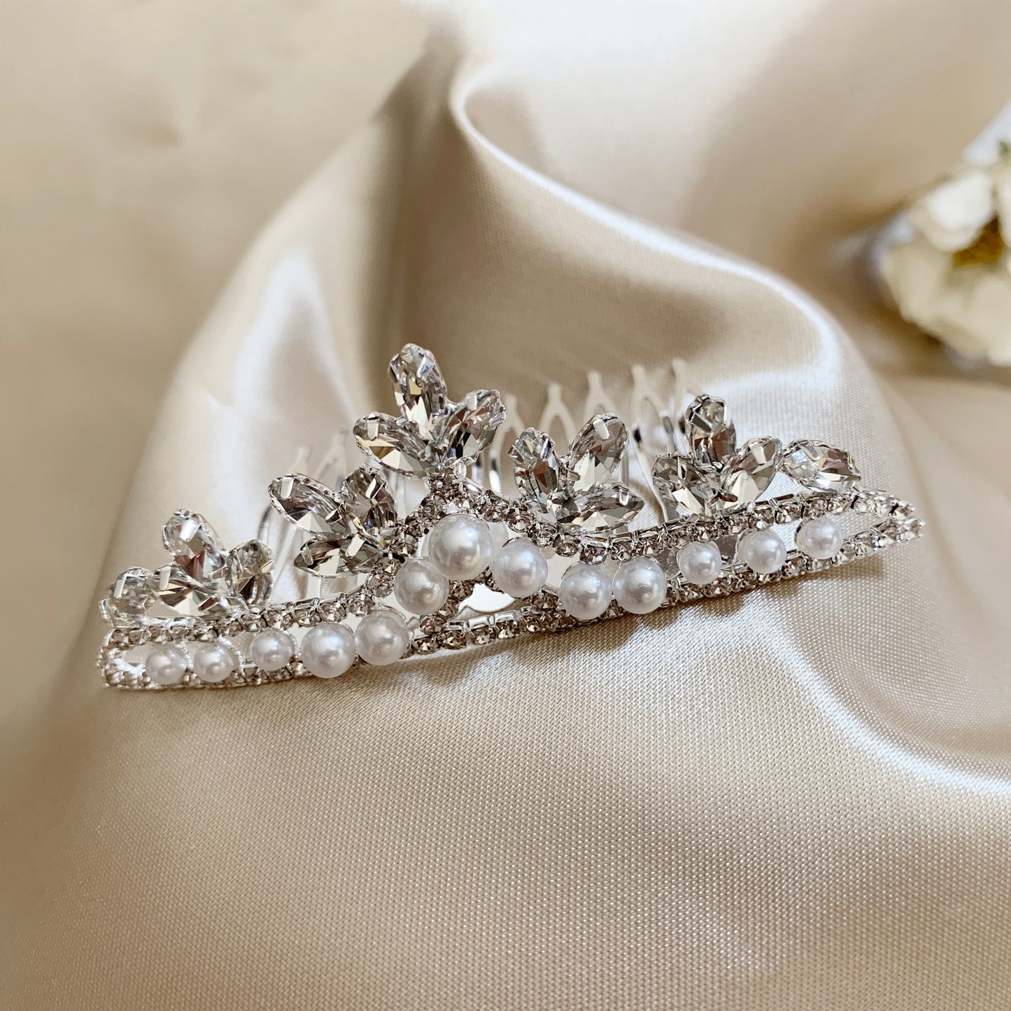 Tiny Flower Girl Pearl and Rhinestone Crystal Tiara Comb | First Communion Headpiece
