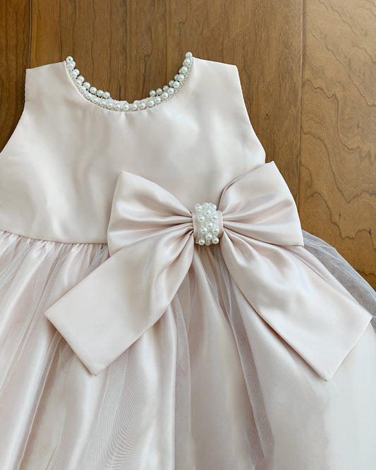 USA Made | Blush Pearl Neckline & Pearl detail Bow Satin and Tulle Flower Girl Dress | Olivia dress | 3 Colors Available