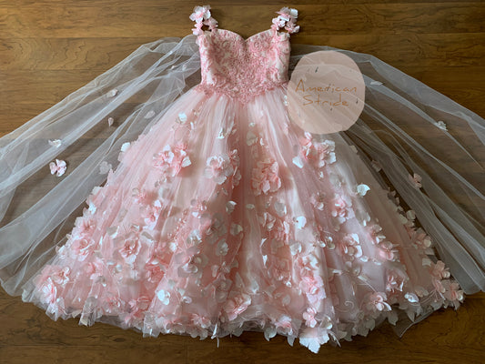 Mini Quince | Blush 3D Flower, Stone and Pearl 3 Anos Mini Quinceanera Dress with Detachable Cape | Harper dress | 4 Colors front