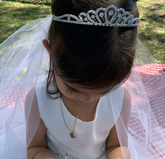 Child wearing a dainty rhinestone tiara and veil outdoors