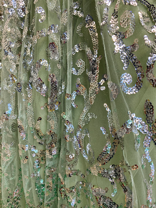 Quinceanera | Sage Crystal beaded Ombre Patterned Sequin Gown with Bell Sleeve, Beautiful Big Bow | Luciana dress | 2 Colors Available detail