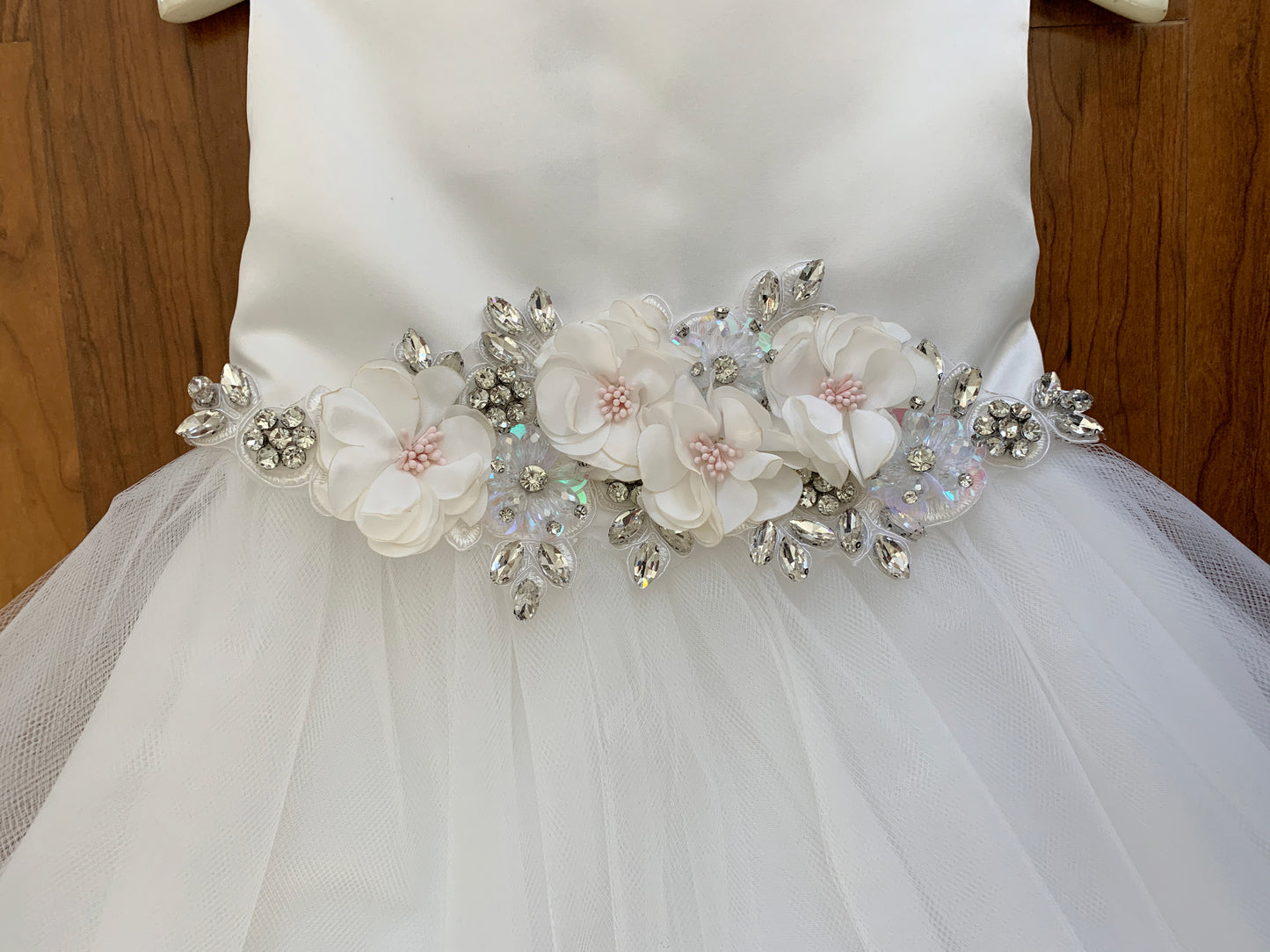 USA Made | Floral and Rhinestone Satin and Tulle Flower Girl Dress | Size 6M - Teen | Grace dress front zoom